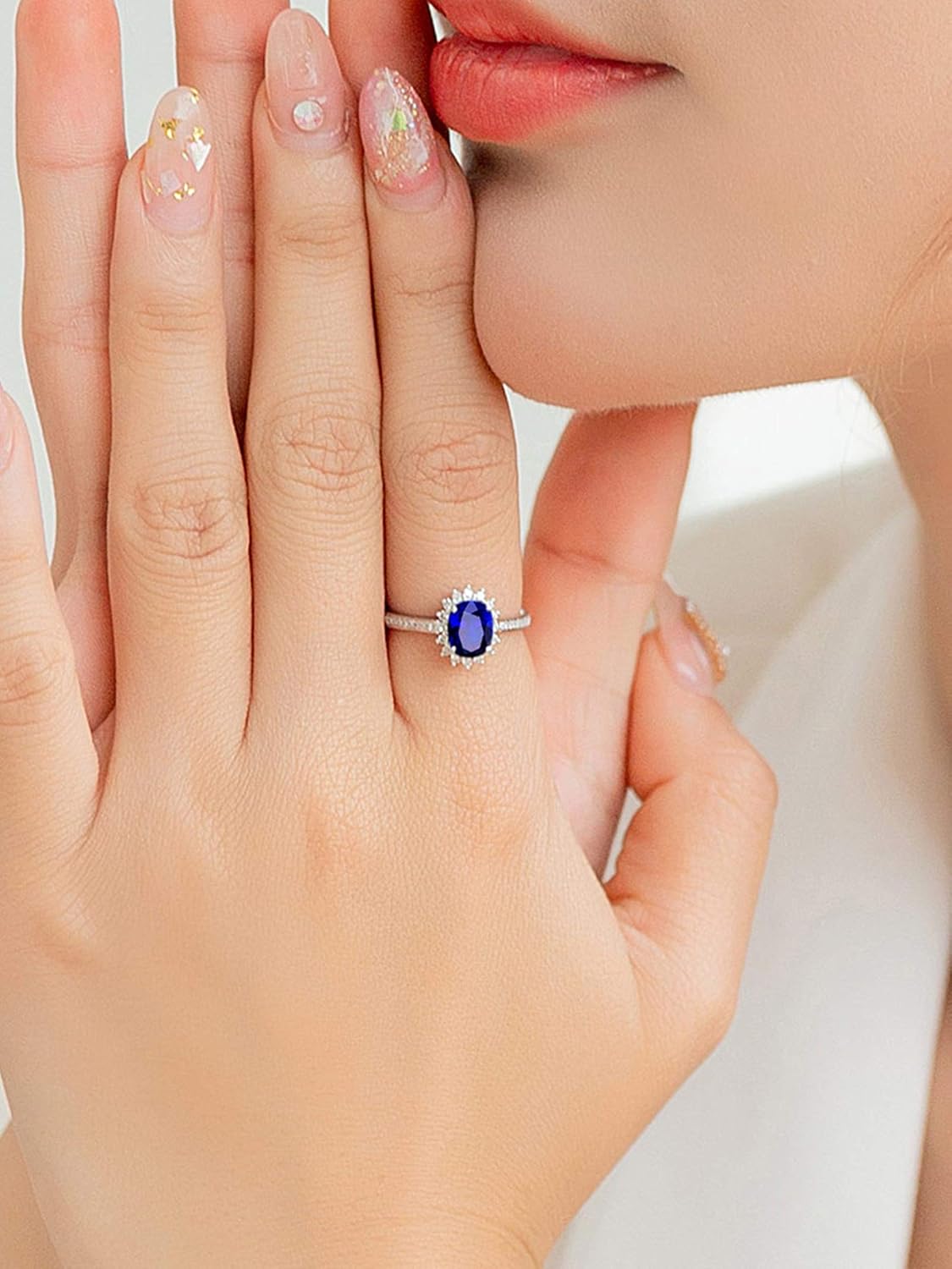 Aienid 18Ct White Gold Wedding Bands for Women 0.56Ct Blue Topaz Oval Shaped with Round Diamond Wedding Rings for Women