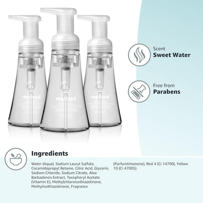 Method Schaumseife für die Hände, Biologisch Abbaubare Formel mit Schaumseifenspender aus 100 % Recyceltem Plastik, Duftnote Waterfall, 300 ml Seifenpumpflaschen, 3er-Pack, Klar