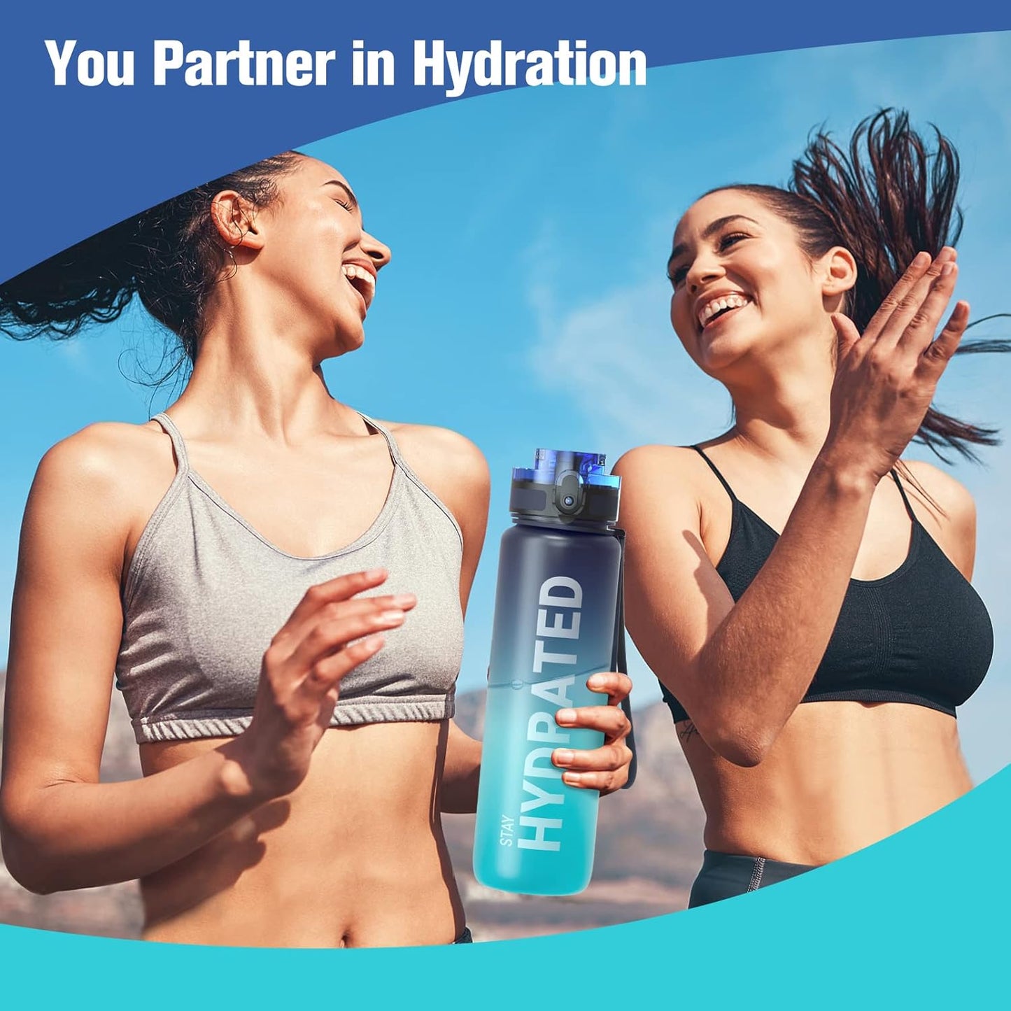 Sahara Sailor Trinkflasche, 950ml Motivations-Sportflasche mit Zeitmarkierung – Trinkzeiten – Tritan, BPA-frei, weite Öffnung auslaufsicher, Fast-Flow-Technologie mit Reinigungsbürste (1 Flasche)