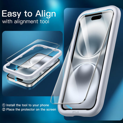 JETech Displayschutzfolie für iPhone 16 6,1 Zoll, gehärtetes Glas mit einfachem Installationstool, Case-Friendly, HD Klar, 3 Stück