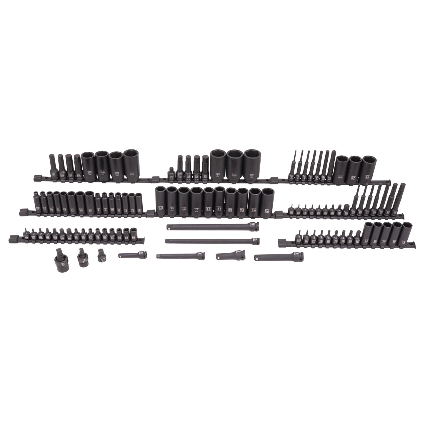 SUNEX Tools 80 Piece 3/8 in. Drive Master Impact Socket Set, Universal, Star, External Star, Extensions, Universal Joint, SAE and Metric, 8mm to 19mm and 5/16 in. to 3/4 in., CR-MO Steel, Model 3580