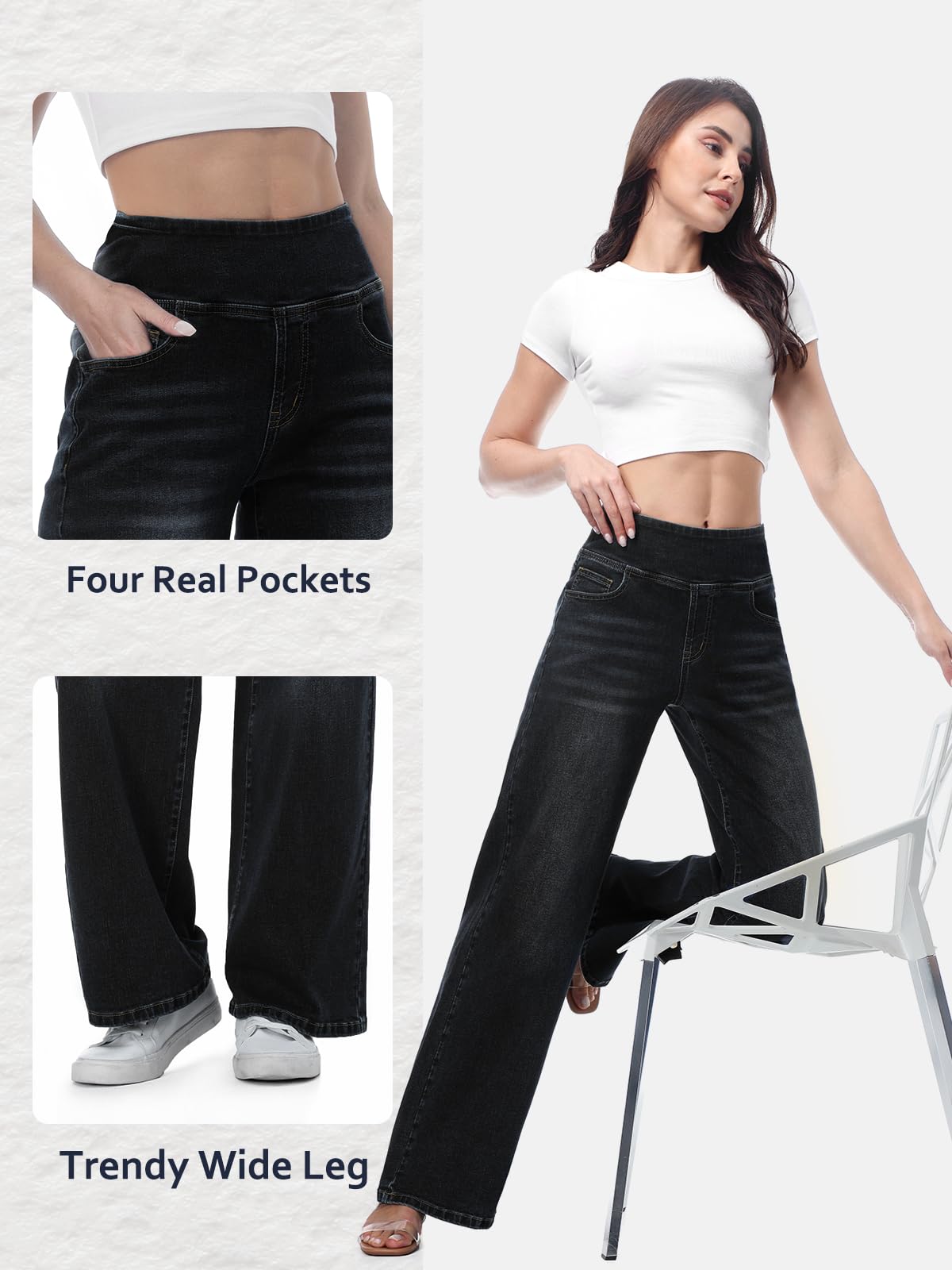 Chasehot Damen Jeans, Weites Bein, zum Reinschlüpfen, High Waist, Stretchy, Baggy, Trendy, Bauchkontrolle, Gerades Bein, Denim, Dunkelindigo Waschung-L