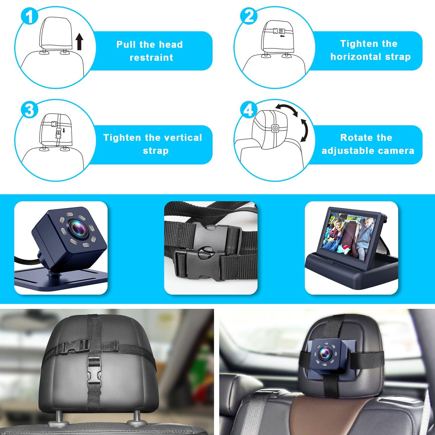 Baby Car Mirror with 4.3'' HD Night Vision Function Display, Safety Car Seat Camera with Wide Crystal Clear View, Easily Observe The Baby’s Move(Not USB)
