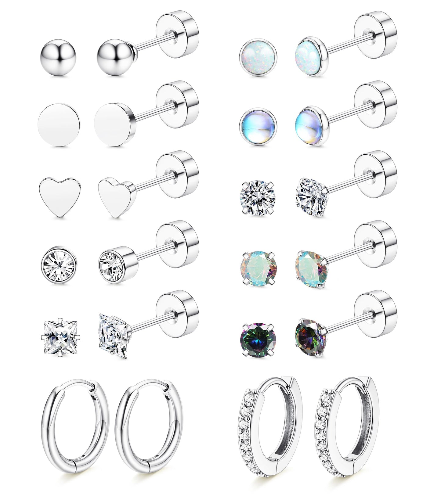 LOLIAS Hypoallergenic Flat Back Earrings for Women-Surgical Steel Earrings for Sensitive Ears 20G Stainless Steel Earring Stacks Small Flatback Stud Hoop Cartilage Earring