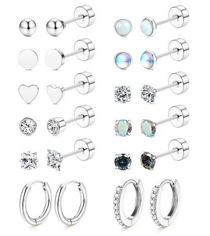 LOLIAS Hypoallergenic Flat Back Earrings for Women-Surgical Steel Earrings for Sensitive Ears 20G Stainless Steel Earring Stacks Small Flatback Stud Hoop Cartilage Earring