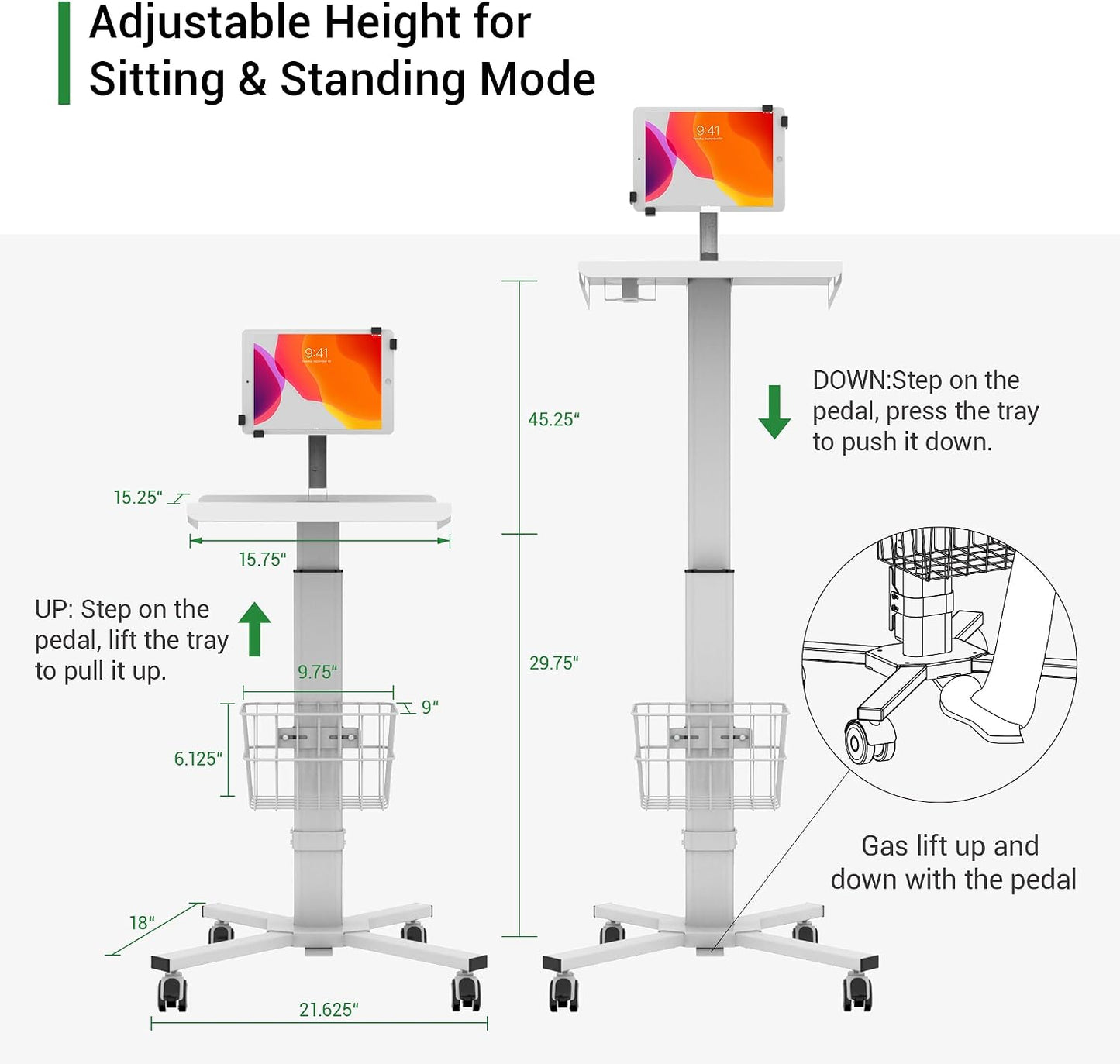 Mobile Medical Tablet Cart Compatible with 9.7-12.9” iPad, Rolling Medical Workstation, Mobile Tablet Workstation for Hospital, Clinic, Library, Restaurant, Rolling Floor Stand Cart