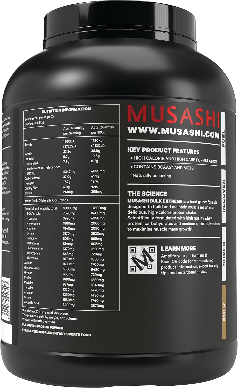 Musashi Bulk Extreme Protein Powder, Vanilla, Muscle Builder Formula, High Protein Supplement, Mass & Strength Support, Post-Workout Nutrition, 2kg