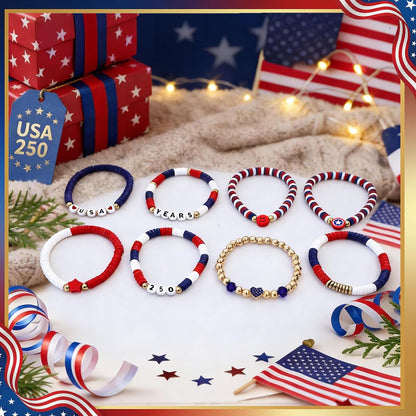 250 Anniversary USA Merchandise 4th of July Outfits for Women Men Teens Red White Blue Clay Beaded Stretch Bracelets USA Patriotic Jewelry 4th of July Accessories