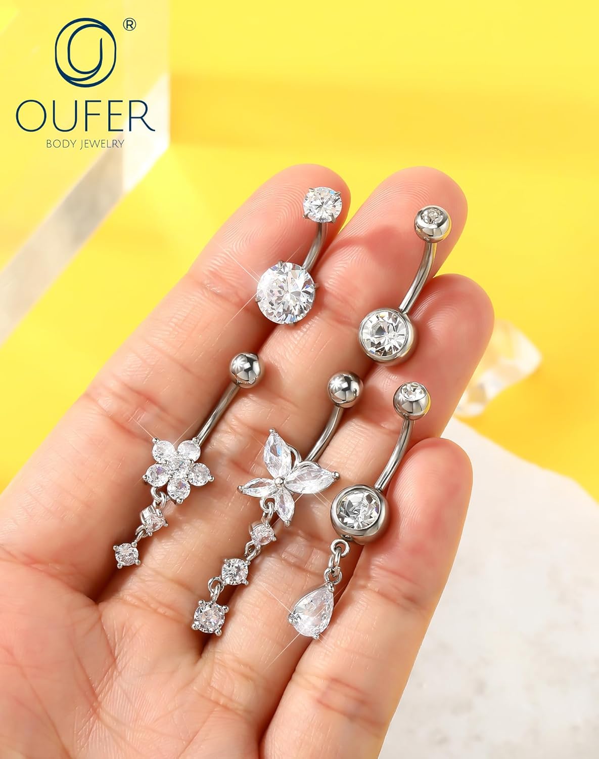 OUFER 5x Bauchnabelpiercings baumelnd – 14G Chirurgischer Stahl Bauchnabelpiercing, Hypoallergener Bauchnabelring mit Zirkonia Schmetterling Blume Tropfen Langhantel für Strand, Festival, Fitnessstudio