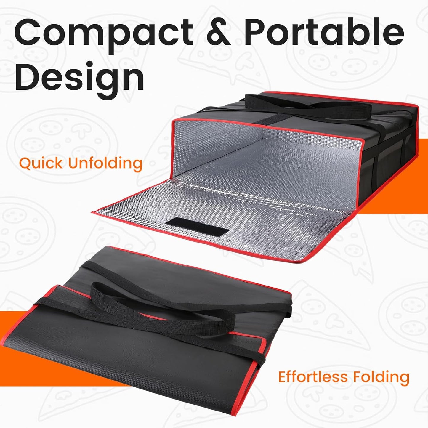Bodaon Isolierte Essensliefertasche - Warm- & Kalthaltetransporttasche, Catering/Doordash Pizzawärmer, Einkaufstasche, Kühltasche für Partys (Schwarz-Rot, 1 St.), Ideal für den Transport warmer Speisen