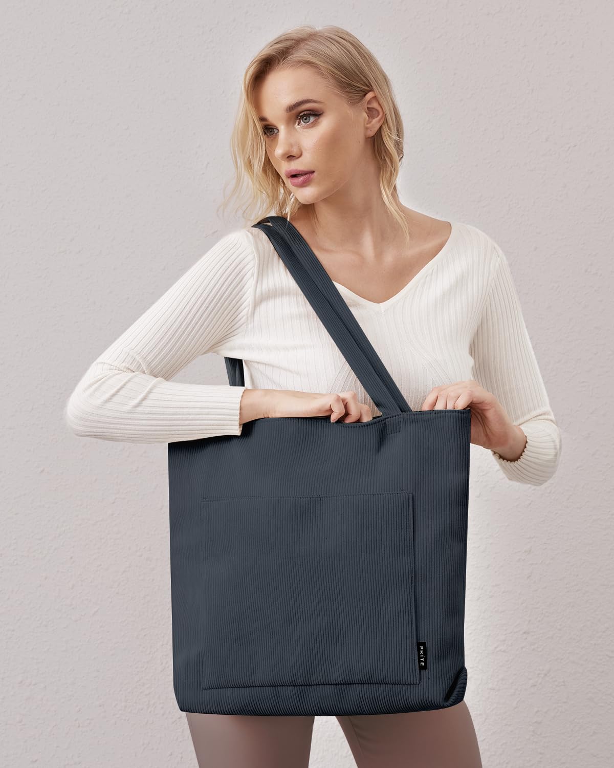 Prite Corduroy Tote Bag for Women Large Shoulder Bag with Zipper and Pockets for College Work Travel Shopping(Black)