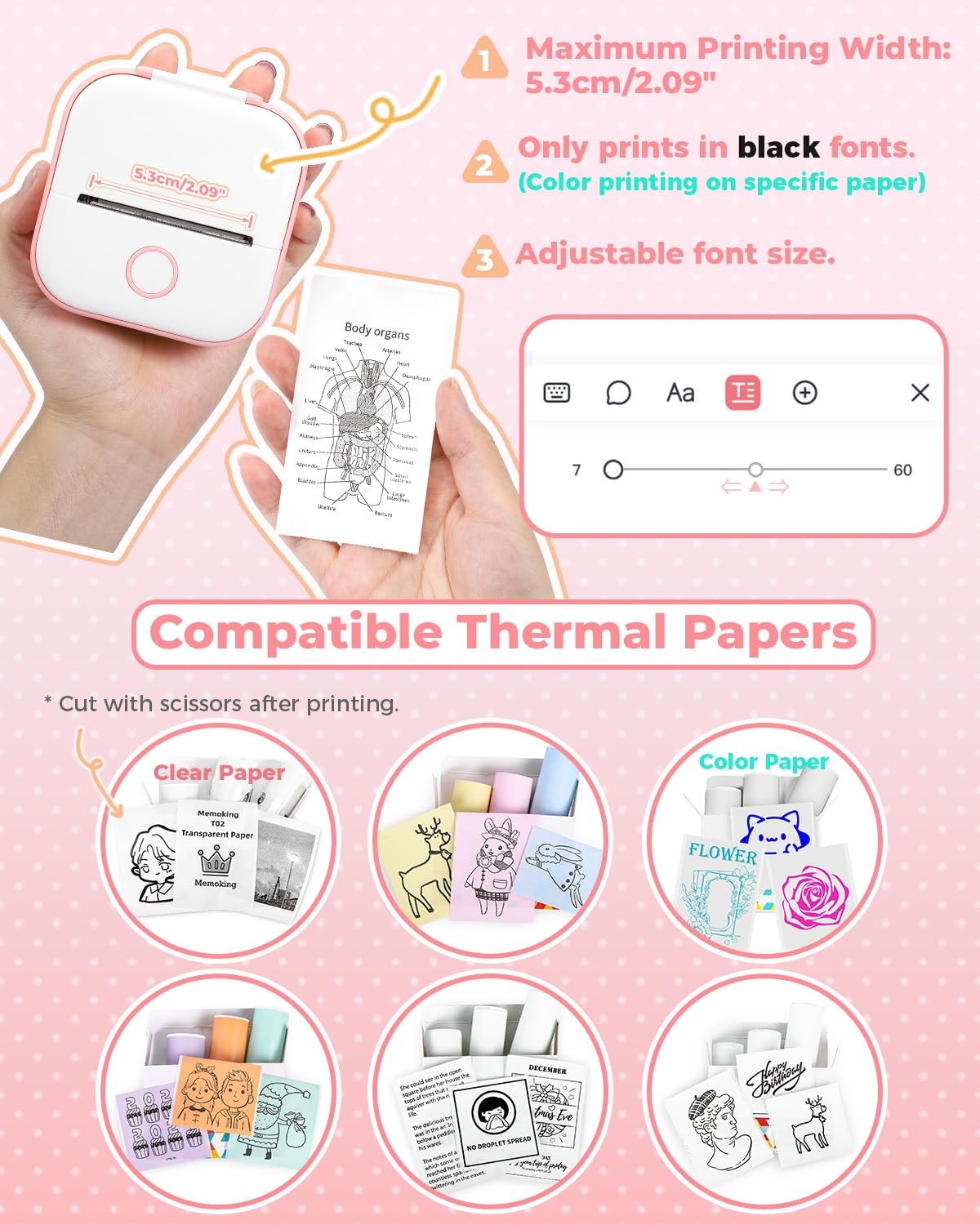 Memoking Mini-Drucker - T02 Aufkleberdrucker, Druckkapsel, tragbarer thermischer tintenloser Aufkleberhersteller, Bluetooth-Taschen-Minifotodrucker, Sofortdruck, Smart AI APP, für Studentenstudiennotizen, Tagebuch, Heimwerker, Geschenk