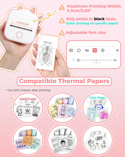 Memoking Mini-Drucker - T02 Aufkleberdrucker, Druckkapsel, tragbarer thermischer tintenloser Aufkleberhersteller, Bluetooth-Taschen-Minifotodrucker, Sofortdruck, Smart AI APP, für Studentenstudiennotizen, Tagebuch, Heimwerker, Geschenk