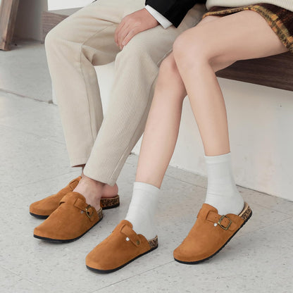 YorFotMae Women's Suede Clogs Mens Leather Mules Comfort Cork Footbed Antislip House Sandals Arch Support Potato Shoes with Adjustable Buckle