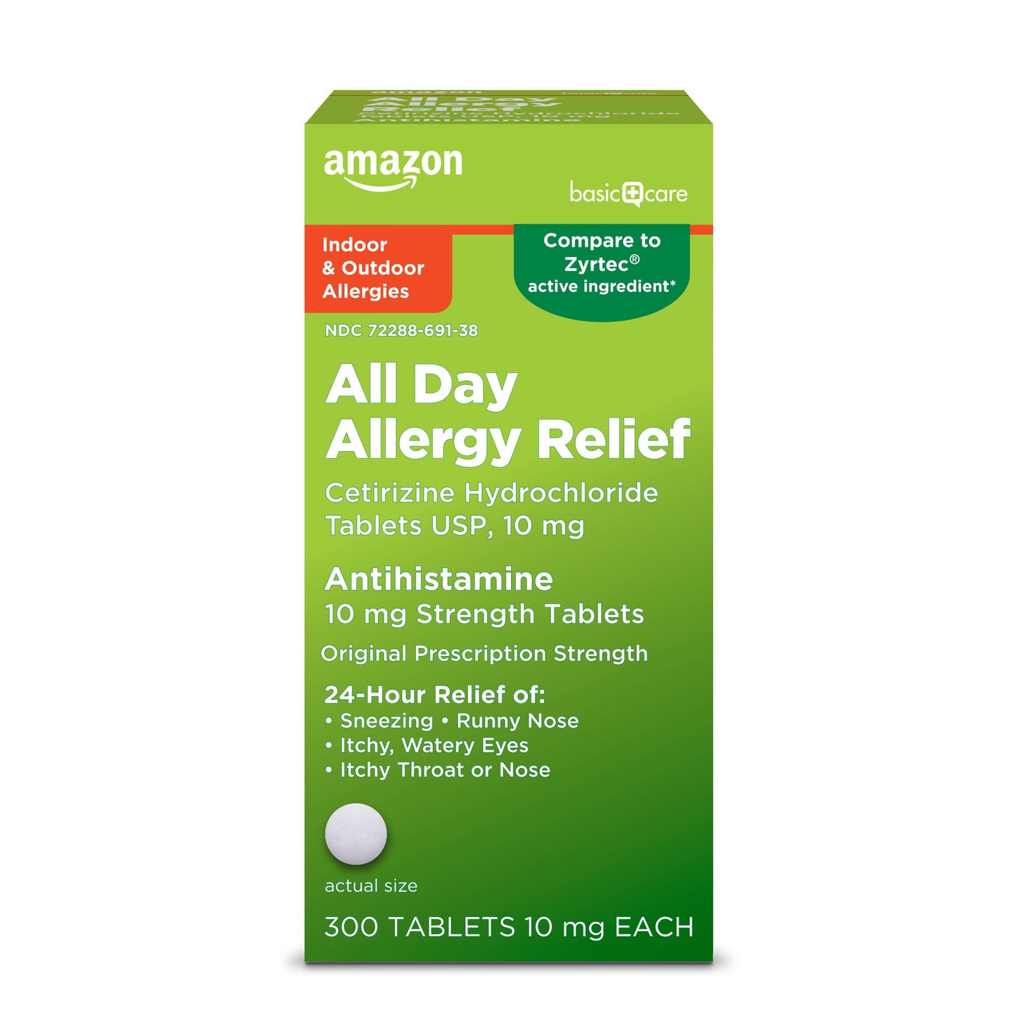 Amazon Basic Care All Day Allergy,Cetirizine Hydrochloride Tablets,10 mg,24-Hour Relief for Sneezing,Runny Nose,Itchy Eyes&Throat,Indoor&Outdoor Allergy Relief,30 Count (Packaging may vary)(Pack of 2)