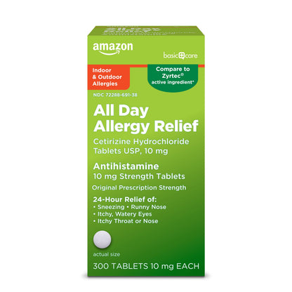 Amazon Basic Care All Day Allergy,Cetirizine Hydrochloride Tablets,10 mg,24-Hour Relief for Sneezing,Runny Nose,Itchy Eyes&Throat,Indoor&Outdoor Allergy Relief,30 Count (Packaging may vary)(Pack of 2)