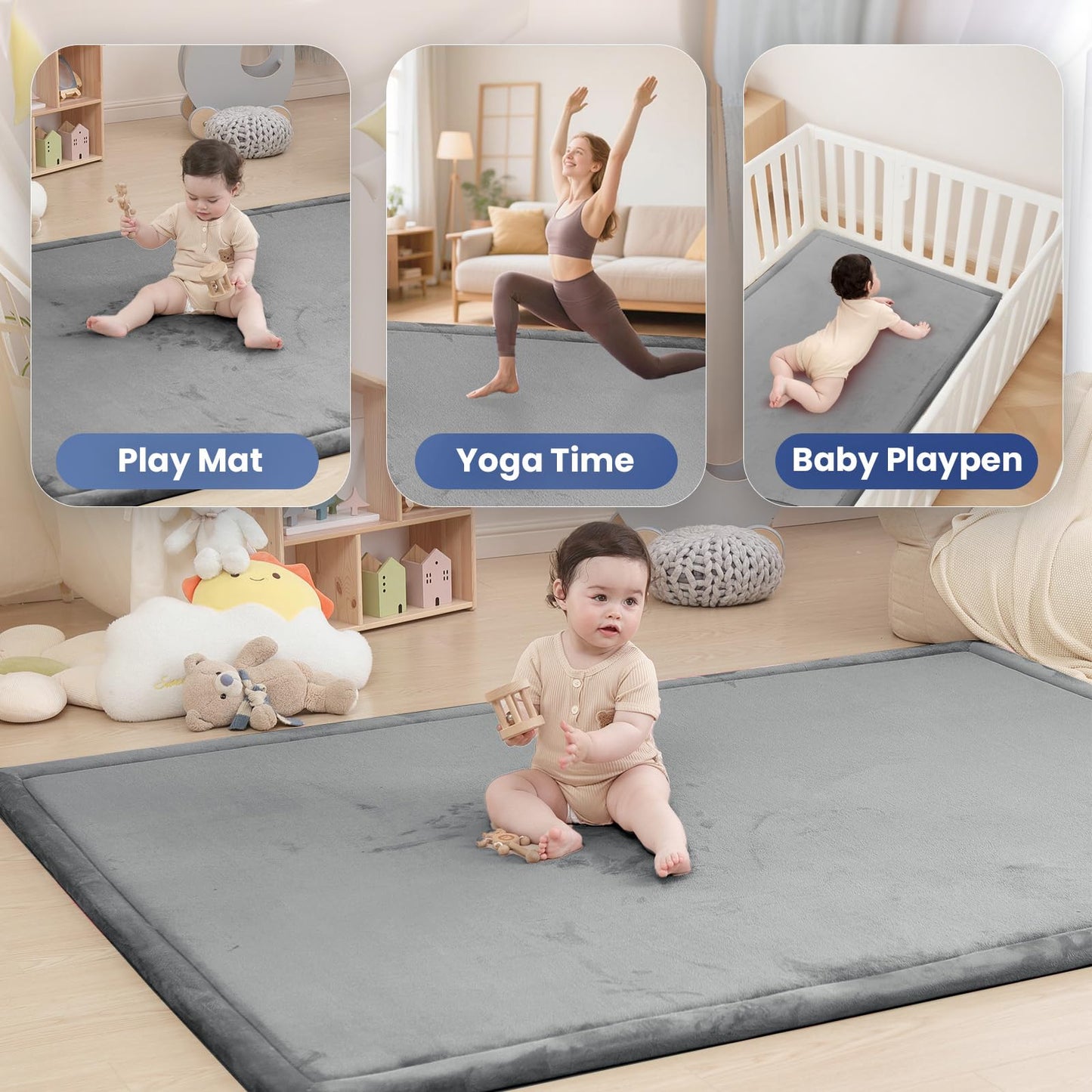 Huloo Sleep Ultra Soft Baby Spielmatte für den Boden, 3,3 cm dicke Elasti-Foam 127x127 cm Laufgittermatte für Kleinkinder, rutschfeste Rückseite, sicher zum Krabbeln und für die Bauchlage, Tatami-Stil (Dunkelgrau)