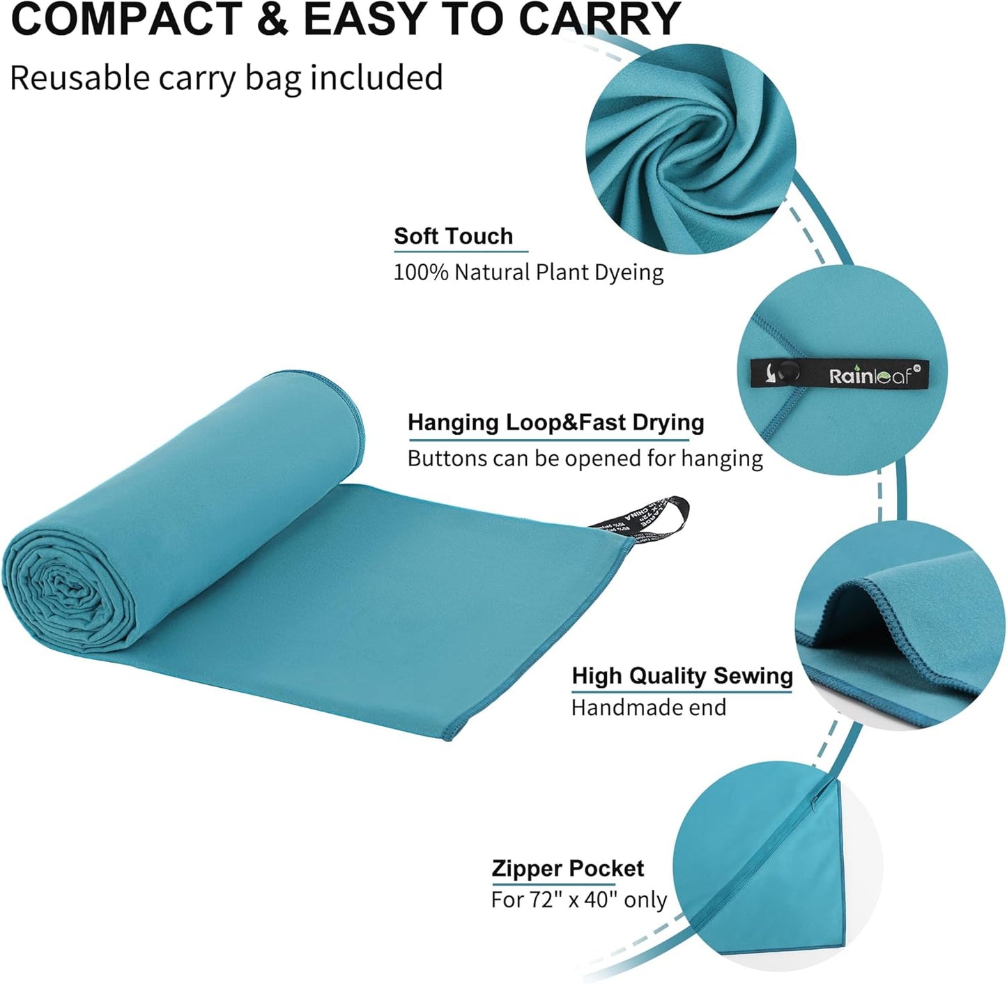 Rainleaf Mikrofaserhandtuch, perfekt für Reisen, Fitnessstudio und Camping. Schnell trocknend - Super saugfähig - Ultra kompakt - Leicht. Geeignet für Ausflüge, Strand, Dusche, Rucksackreisen, Schwimmbad