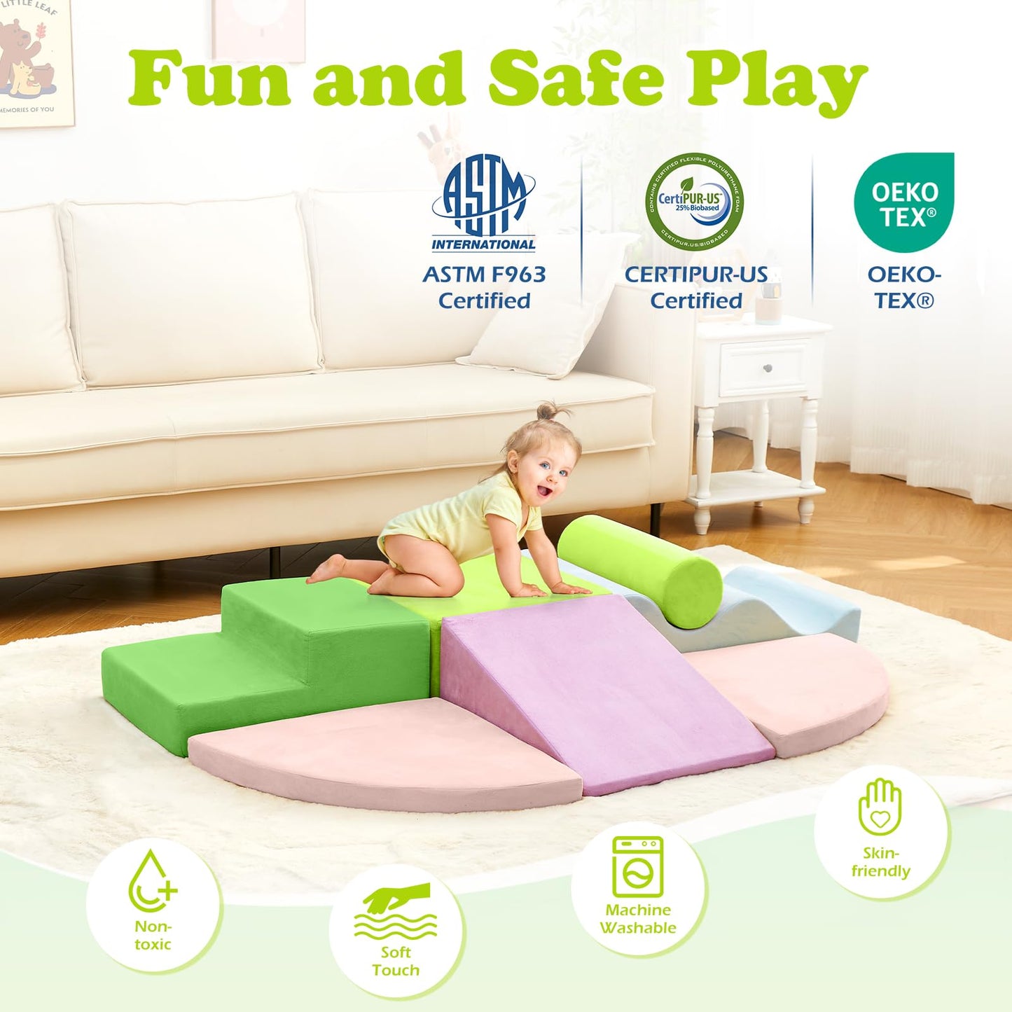 QUCHI Kletterspielzeug für Kleinkinder, Kletterspielzeug für Kleinkinder drinnen, 7-teiliges Weichschaum-Kletterblock-Set, Kleinkind-Spielecke Kletterer Indoor Schaumstoff-Spielplatz zum Klettern, Krabbeln und Rutschen