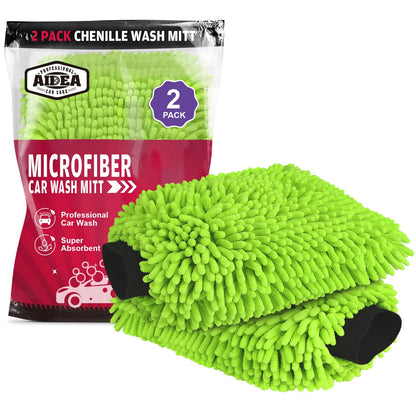 AIDEA Car Wash Mitt Microfiber, 2PK Scratch Free Lint-Free, Premium Chenille Microfiber Mitt Car Wash Brush, Green, Regular Size 7.12''X10.14''