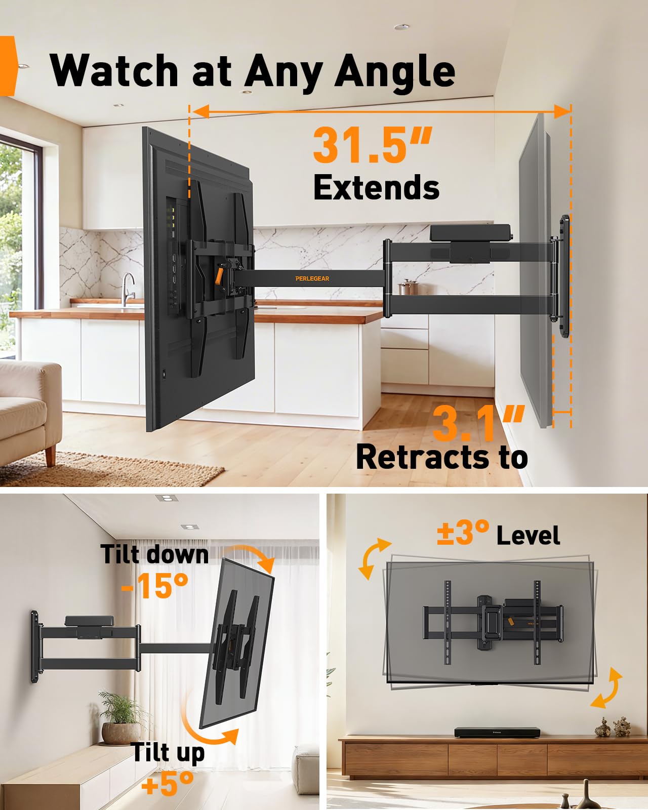 Perlegear Corner TV Wall Mount Long Arm TV Mount Bracket for 37-75 Inch TVs-Full Motion Wall Mount with 32.37” Extension & Swivel Articulating Arm & Tilt, MAX VESA 600x400mm, Holds up to 100 lbs