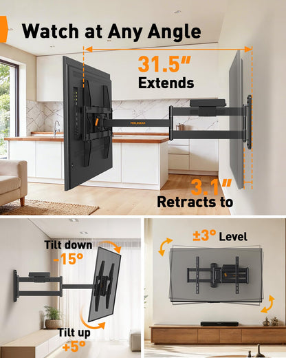 Perlegear Corner TV Wall Mount Long Arm TV Mount Bracket for 37-75 Inch TVs-Full Motion Wall Mount with 32.37” Extension & Swivel Articulating Arm & Tilt, MAX VESA 600x400mm, Holds up to 100 lbs