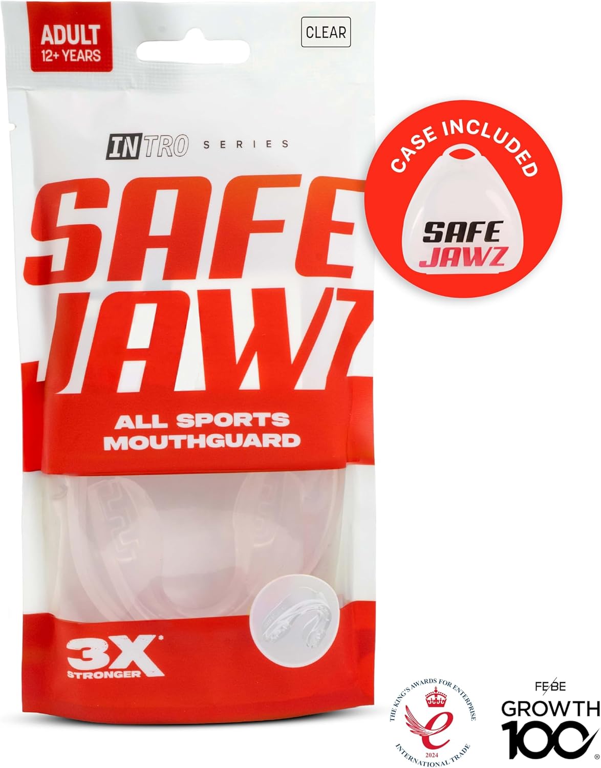 SAFEJAWZ Mundschutz, trägerlos, schlanke Passform, für Erwachsene und Jugendliche mit Etui für Boxen, Basketball, Football, MMA, Kampfsport, Hockey und alle Kontaktsportarten (Erwachsene (ab 12 Jahre), Transparent)