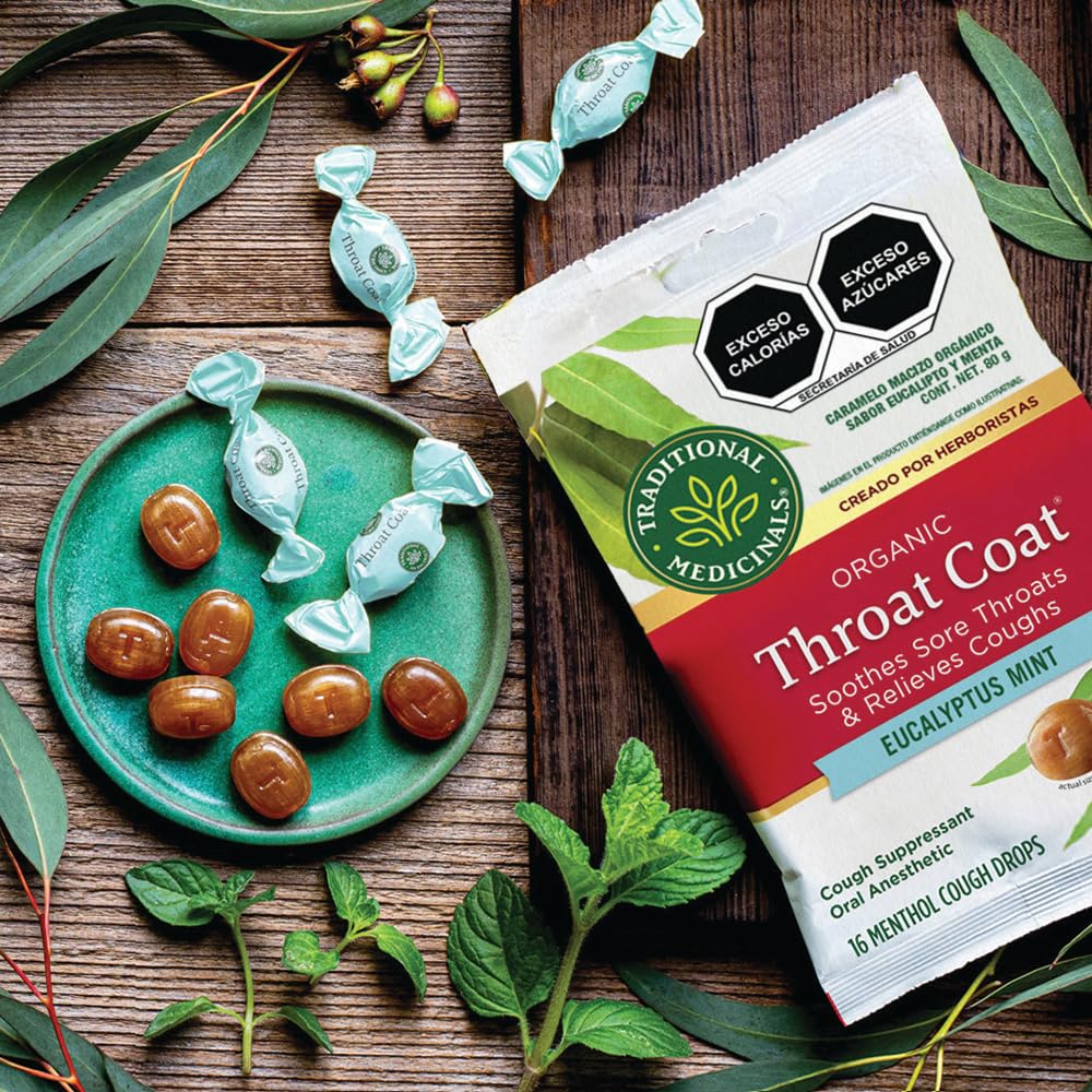 Traditional Medicinals Organic, Throat Coat Lozenges, Lemon Ginger Echinacea - Herbal Cough Drops, Helps Soothe Sore Throat - Non-GMO, Stimulant-Free - 16 Count (Pack of 12)