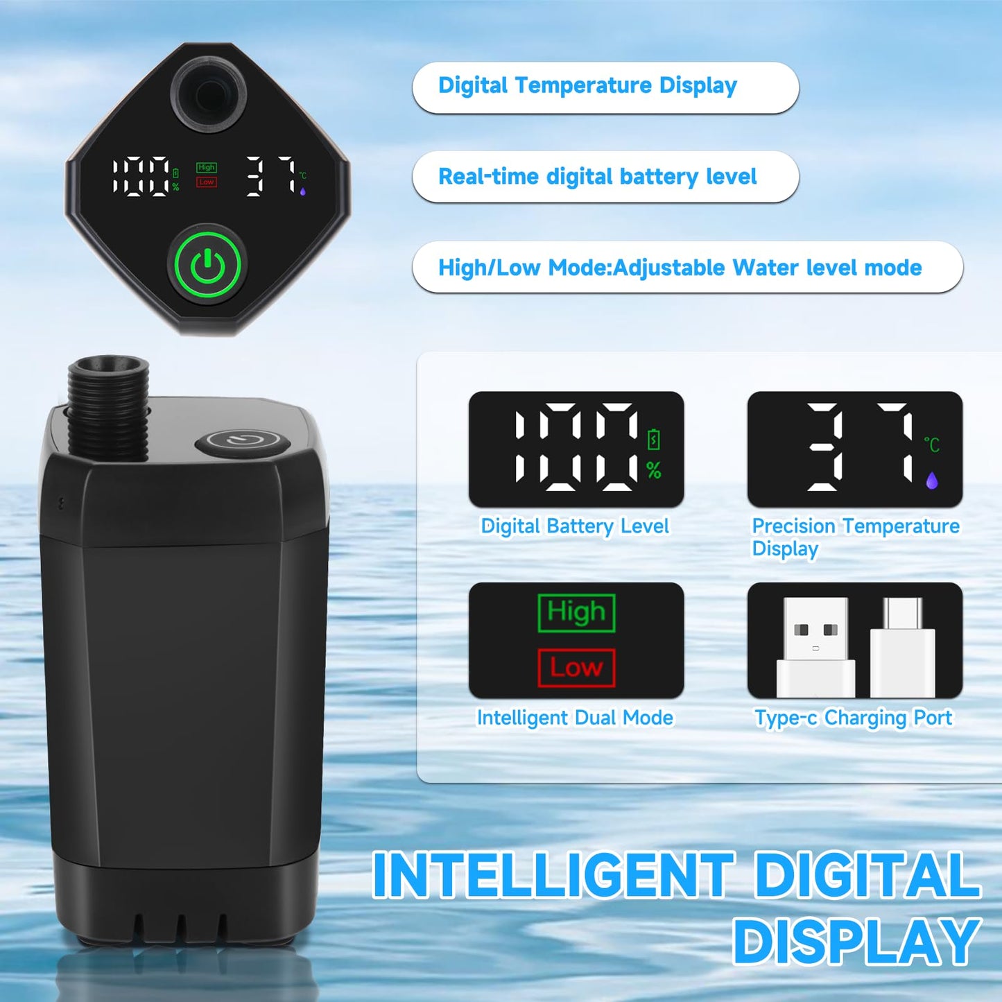 vignuto Portable Shower for Camping, Rechargeable Camping Shower Pump with LED Display of Battery Level and Temperature