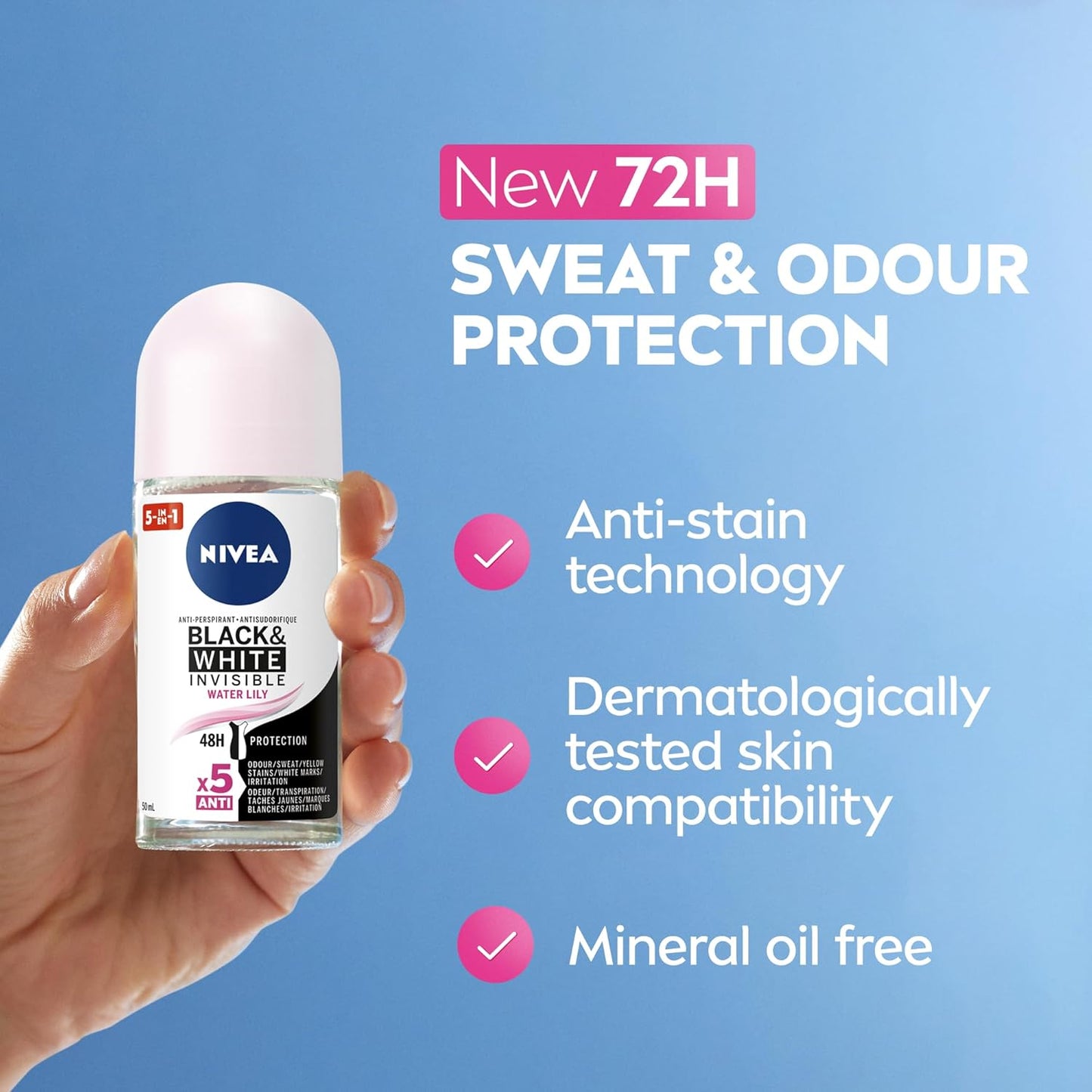 NIVEA Black & White Invisible Clear Anti-Transpirant Roll-on Waterlily, 50ml
