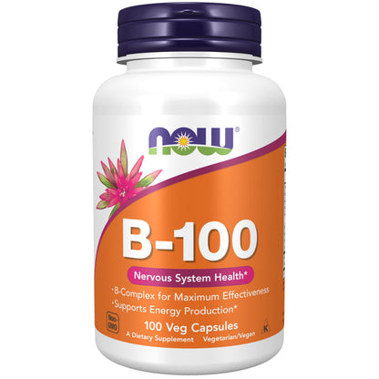 NOW Foods Supplements, Vitamin B-100, Energy Production*, Nervous System Health*, 100 Veg Capsules (Pack of 12)