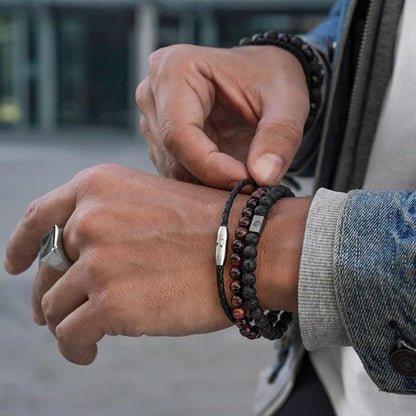 Tigerauge Armband für Herren 8MM Natursteinperlen Armband Set Stretch Lava Stein Armbänder Verstellbares Schwarzes Kristallperlenarmband für Herren Damen Geschenke
