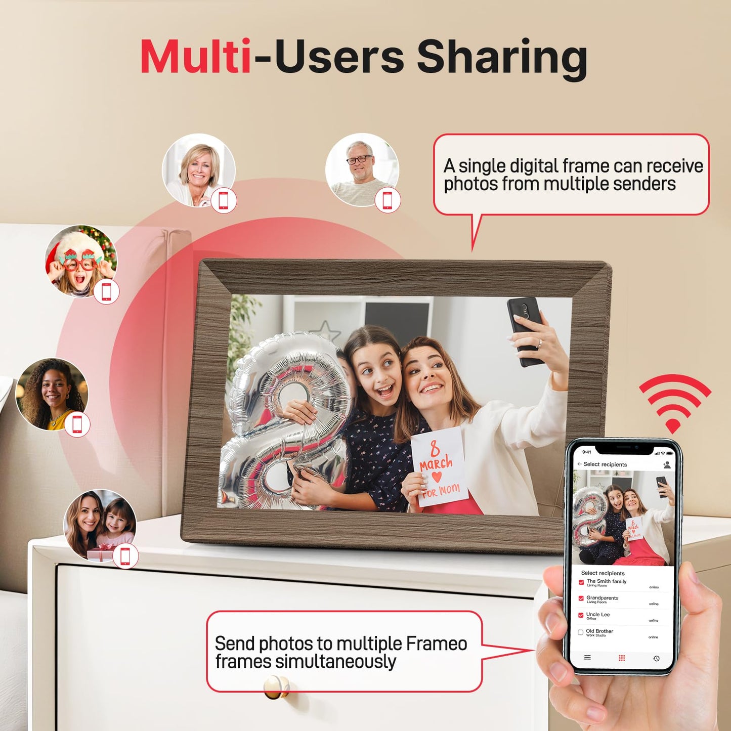 Frameo 10.1 Inch WiFi Digital Picture Frame, Smart Cloud Electronic Photo Frame with HD IPS Touch Screen Slideshow 32GB Memory Auto-Rotate Wall Mount, Share Photos/Videos from Phone - Gifts for Mom