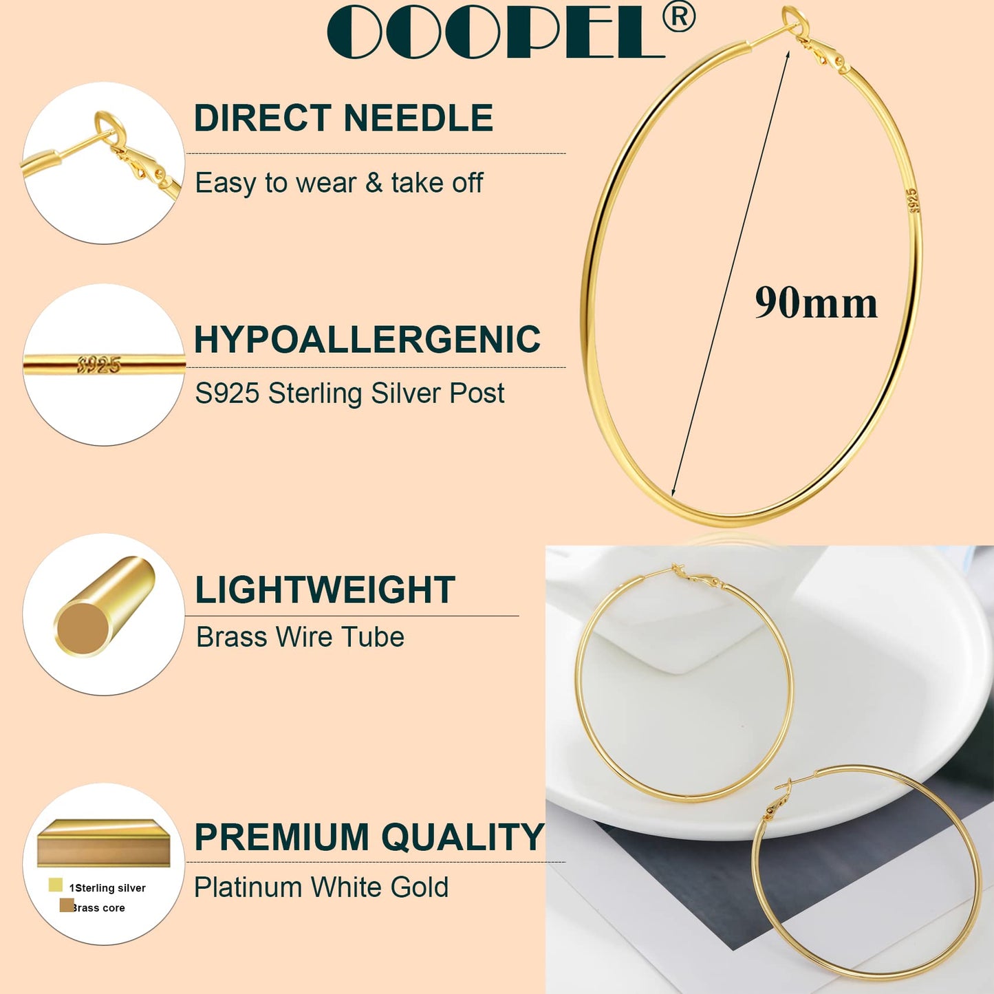 Große Gold Creolen für Frauen, Hypoallergene Dünne Gold Creolen, Sterling Silber Creolen für Damen, Extra Große, Mittelgroße, Große Creolen
