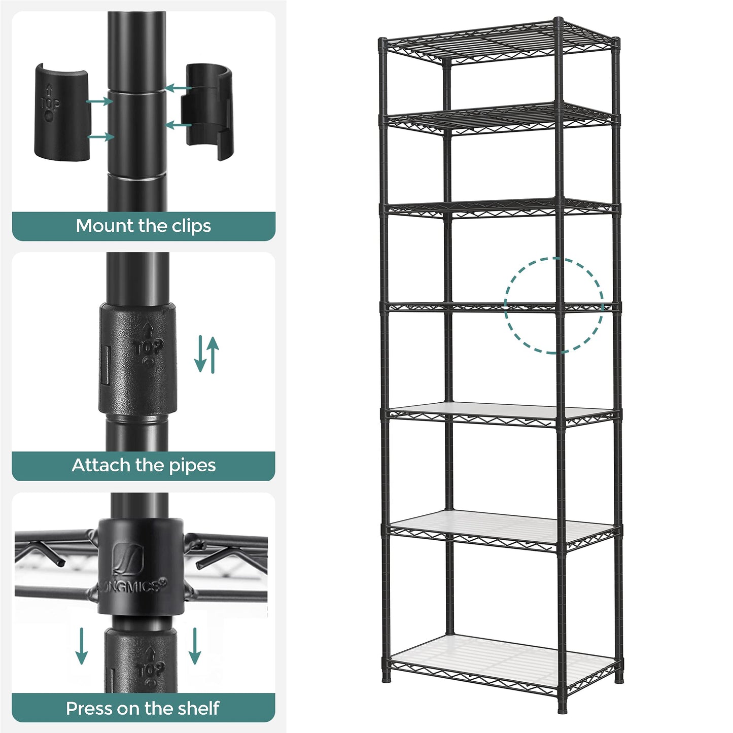 SONGMICS Storage Shelf, Small Metal Wire Shelving Unit, Adjustable Shelves, for Small Spaces, Garage, Bedroom, Living Room, Kitchen, Pantry, 5 Tier, 11.8 x 11.8 x 47.6 Inches, Ink Black ULGR123BH01