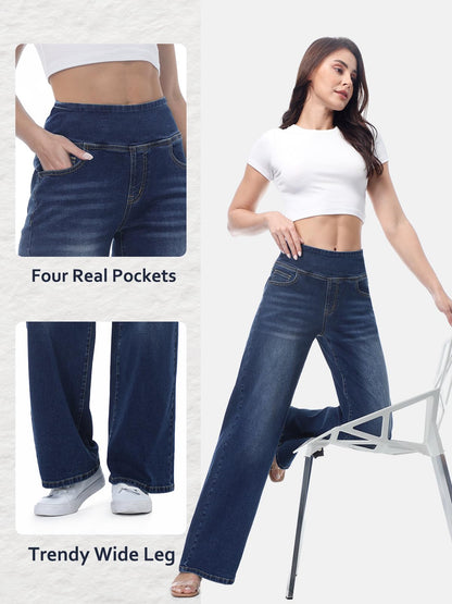 Chasehot Damen Jeans, Weites Bein, zum Reinschlüpfen, High Waist, Stretchy, Baggy, Trendy, Bauchkontrolle, Gerades Bein, Denim, Dunkelindigo Waschung-L