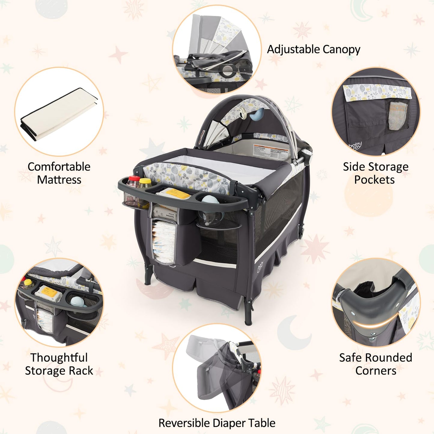 BABY JOY 4 in 1 Pack and Play, Portable Baby Playard with Bassinet & Flip-Away Changing Table, Canopy, Portable Bedside Crib with Storage Basket, Oxford Bag, Infant Bassinet from Newborn to Toddlers