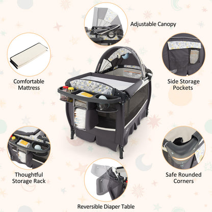 BABY JOY 4 in 1 Pack and Play, Portable Baby Playard with Bassinet & Flip-Away Changing Table, Canopy, Portable Bedside Crib with Storage Basket, Oxford Bag, Infant Bassinet from Newborn to Toddlers