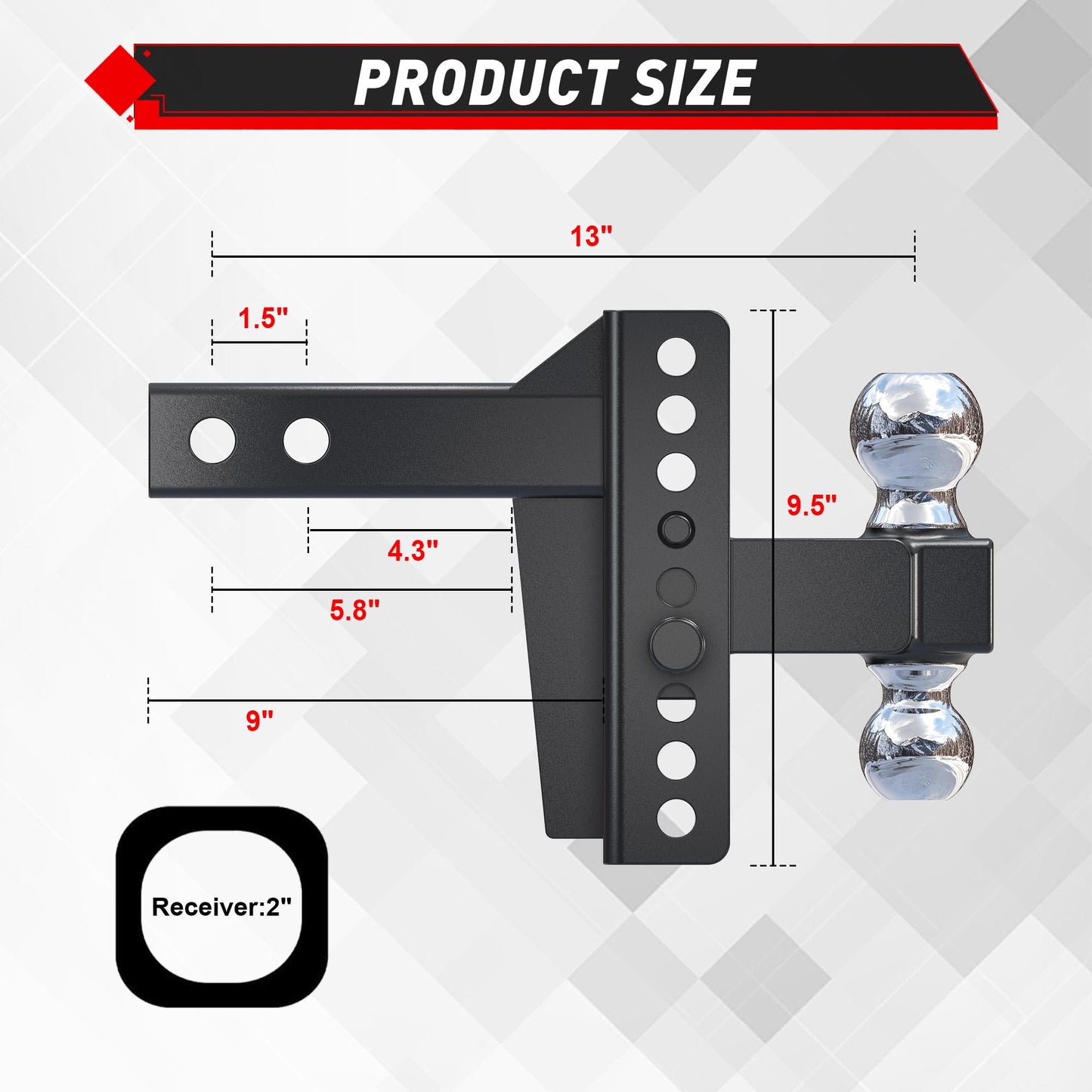 TYT Adjustable Truck Trailer Hitch for 2 inch Receiver, 6" Drop/Rise Tow Hitch with Dual Balls (2" & 2-5/16"), Compatible with Heavy-Duty Trailer Systems up to 20,000 lbs, Includes Hitch Tightener