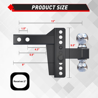 TYT Adjustable Truck Trailer Hitch for 2 inch Receiver, 6" Drop/Rise Tow Hitch with Dual Balls (2" & 2-5/16"), Compatible with Heavy-Duty Trailer Systems up to 20,000 lbs, Includes Hitch Tightener