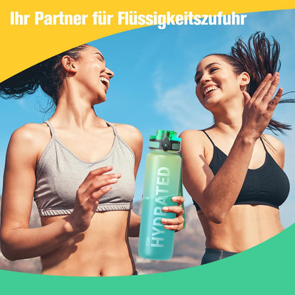 Sahara Sailor Trinkflasche, 950ml Motivations-Sportflasche mit Zeitmarkierung – Trinkzeiten – Tritan, BPA-frei, weite Öffnung auslaufsicher, Fast-Flow-Technologie mit Reinigungsbürste (1 Flasche)