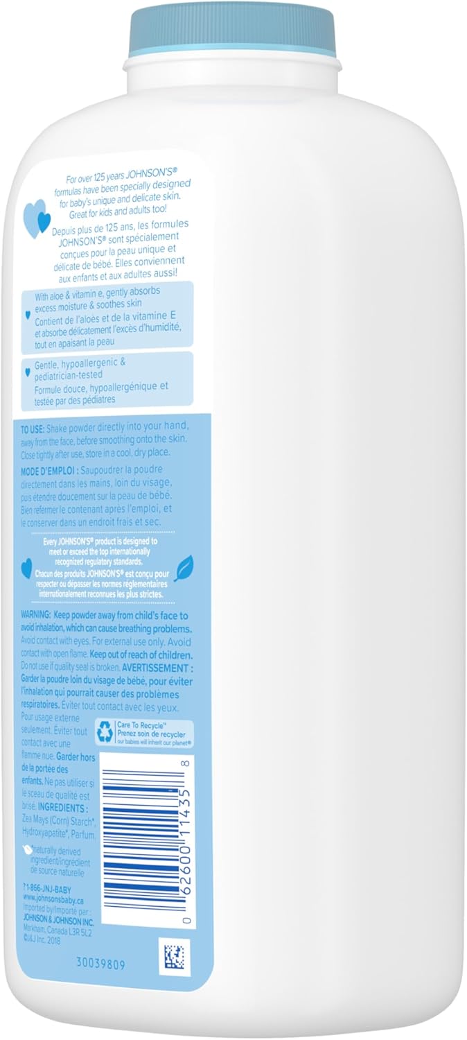 Johnson's Baby Powder, Naturally Derived Cornstarch with Aloe & Vitamin E for Delicate Skin, Hypoallergenic and Free of Parabens, Phthalates, and Dyes for Gentle Baby Skin Care 623g