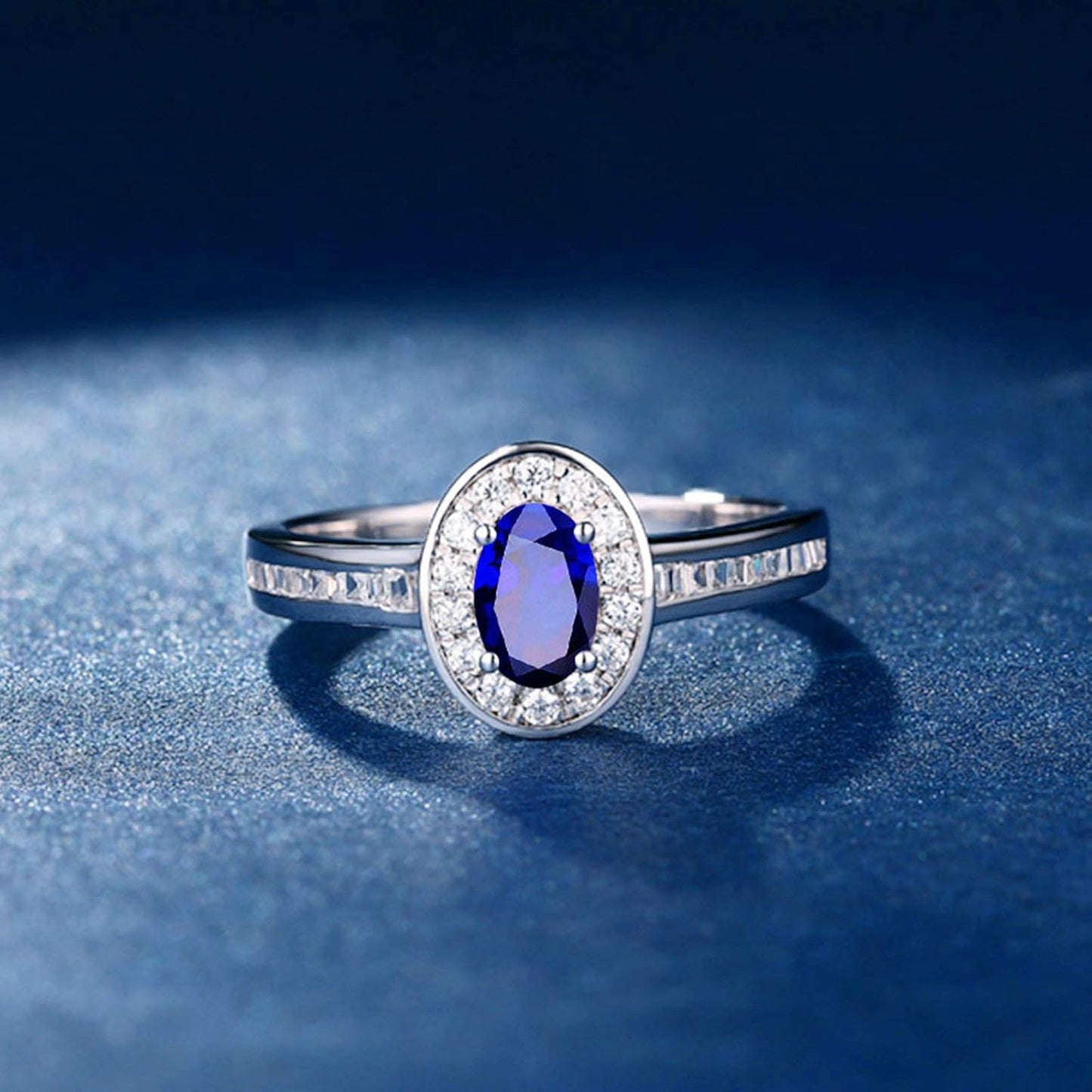 Aienid 18Ct White Gold Diamond Engagement Rings Women 0.55Ct Oval Cut Blue Sapphire with White Diamond Engagement Ring for Her