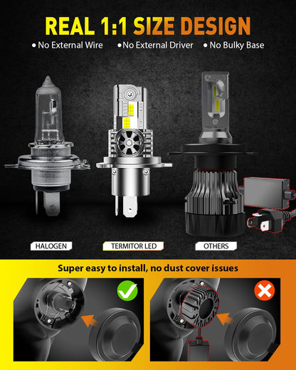 Termitor 2026 Upgraded H4/9003/HB2 Light Bulbs, 90,000LM 15X Super Bright Hi/Low Beam, 6500K Cool White H4 9003 Fog Lights, 1:1 Halogen Size Automotive Replacement IP68 Waterproof, Pack of 2