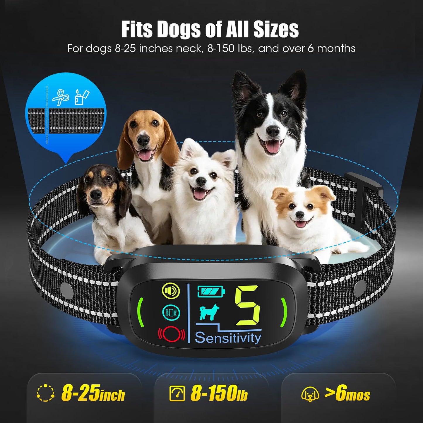 Smart AI Bark Collar for Large Medium Small Dogs, Anti Barking Device with 5 Training Modes, Exclusive Forced Bark-Stopping, Rechargeable IP67 Waterproof Bark Collar with 5 Sensitivity (Black)