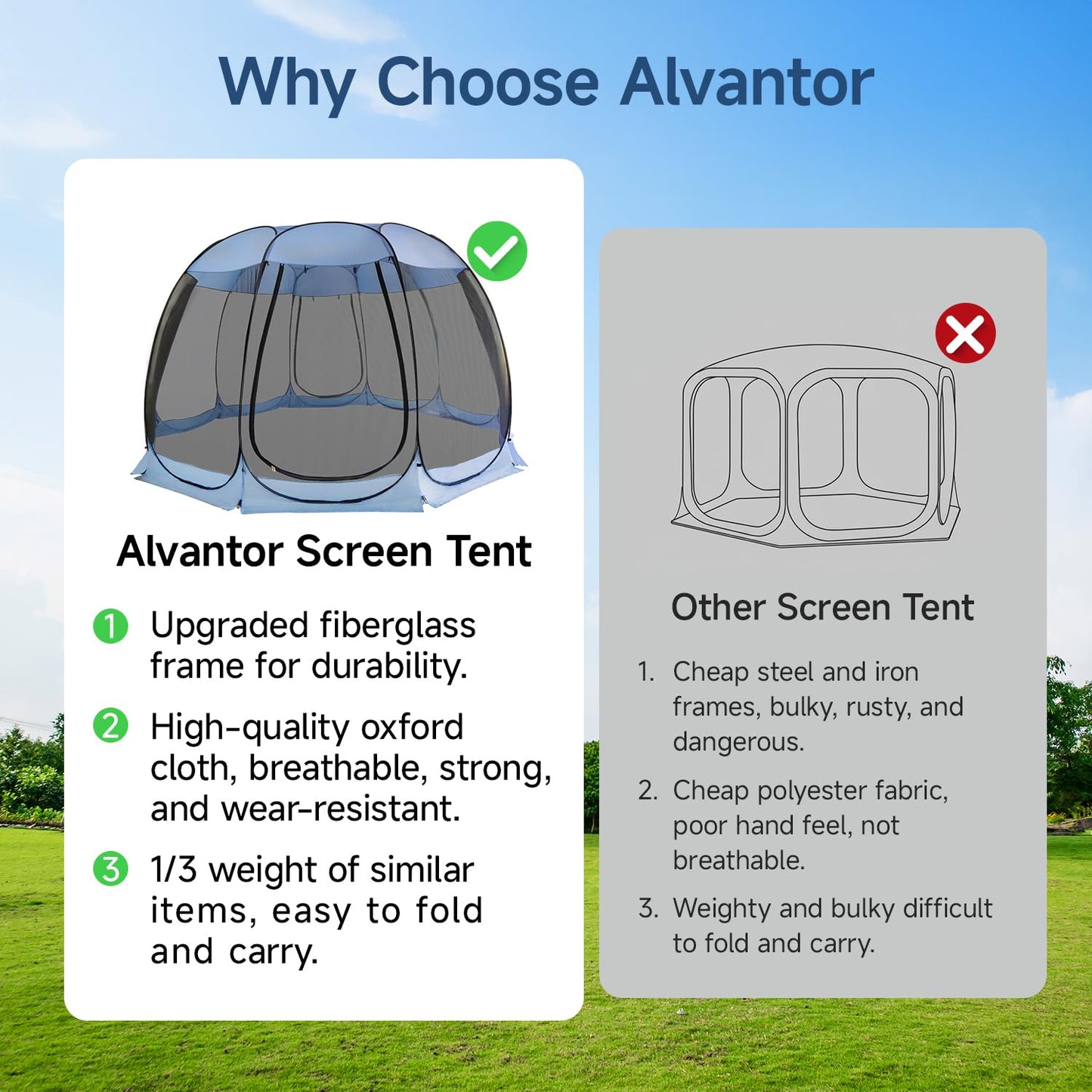 Alvantor Pop Up Screen House Tent, Instant Outdoor Gazebo with Mosquito Netting & UPF 50+ Sun Protection, Portable Canopy Shelter for Patio, Backyard, Camping (2-10 Person)