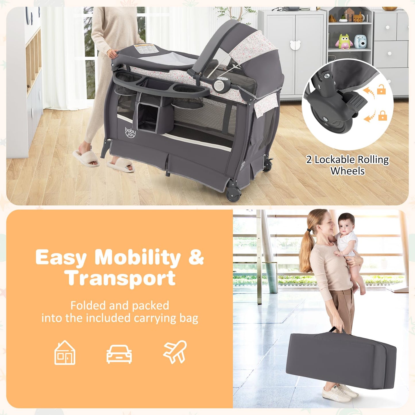 BABY JOY 4 in 1 Pack and Play, Portable Baby Playard with Bassinet & Flip-Away Changing Table, Canopy, Portable Bedside Crib with Storage Basket, Oxford Bag, Infant Bassinet from Newborn to Toddlers