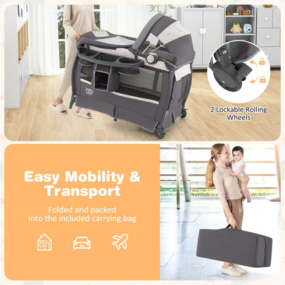 BABY JOY 4 in 1 Pack and Play, Portable Baby Playard with Bassinet & Flip-Away Changing Table, Canopy, Portable Bedside Crib with Storage Basket, Oxford Bag, Infant Bassinet from Newborn to Toddlers