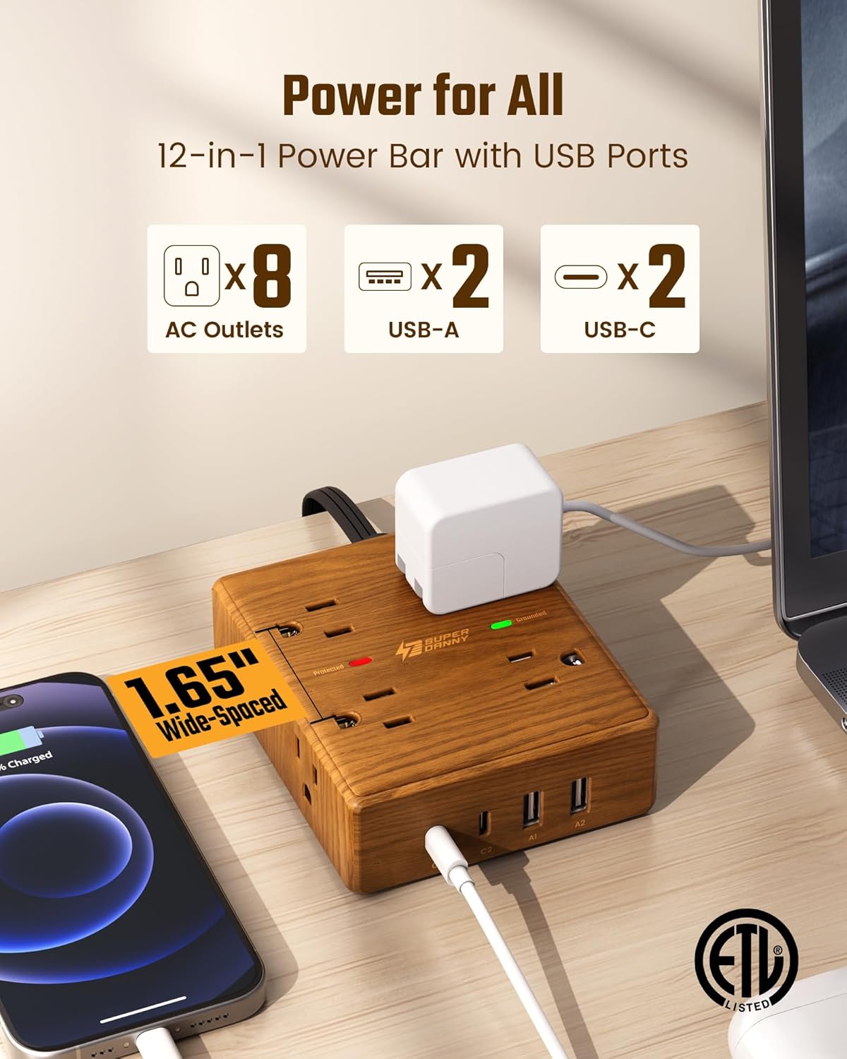Surge Protector Power Bar, SUPERDANNY 6 Ft Extension Cord with 8 Outlets & 4USB Ports (2 USB 2 C), Mountable Flat Plug Power Strip, Surge Protection for Home, Office, Dorm