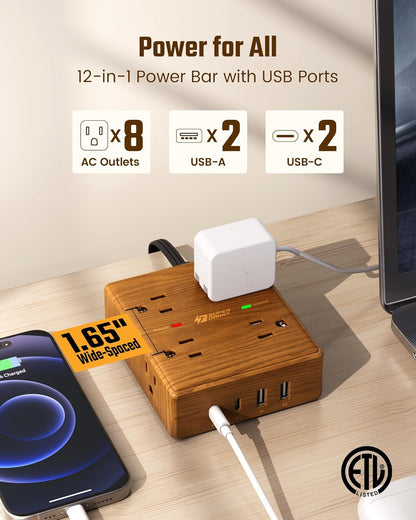 Surge Protector Power Bar, SUPERDANNY 6 Ft Extension Cord with 8 Outlets & 4USB Ports (2 USB 2 C), Mountable Flat Plug Power Strip, Surge Protection for Home, Office, Dorm